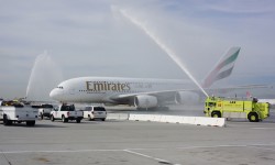 A Water Cannon Salute Welcomes the Emirates' A380 in Los Angeles