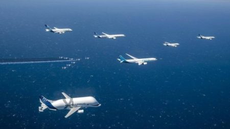 Para celebrar sus 50 años Airbus organizó un vuelo en formación de sus aviones en producción junto a la Patrulla de Francia.