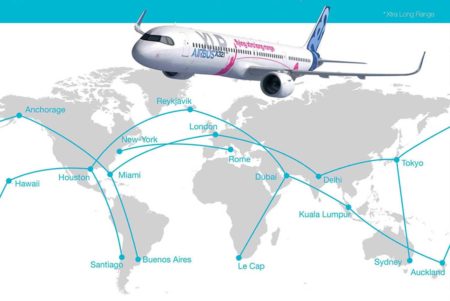 Infografía de Airbus en la que se muestran algunos pares de ciudades que el A321XLR podrá unir sin escalas.q