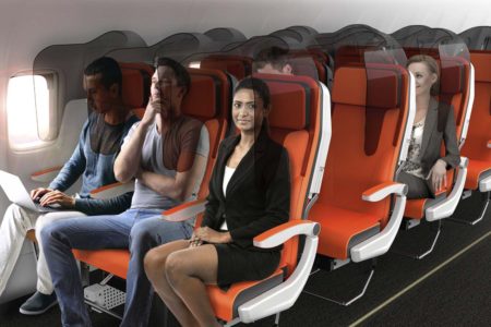 Una de las propuesta de la empresa Avio Interiors de asientos con mamparas de separación.c