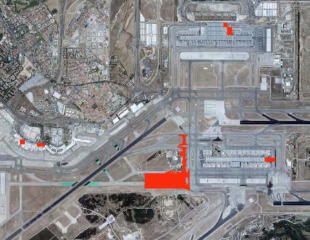 En rojo las principales zonas de actuación del nuevo plan director del aeropuerto de Madrid Barajas.