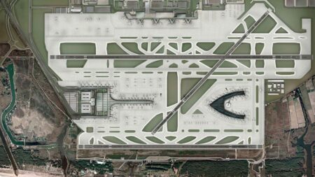 Modelo del aeropuerto de Barcelona con el satélite pero sin la pista alargada.