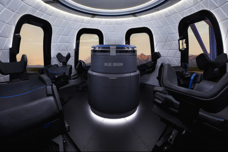 Interior de la cápsula de Blue Origins para llevar turistas al espacio.