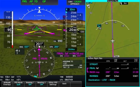 Panel de navegación de la aviónica Garmin 3000 con el sistema Surface Watch activado.