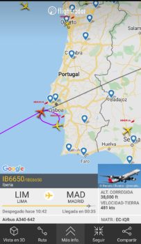 Vuelo de Iberia haciendo esperas cerca de Lisboa mientras se solucionaba el problema con el dron cerca de Barajas.