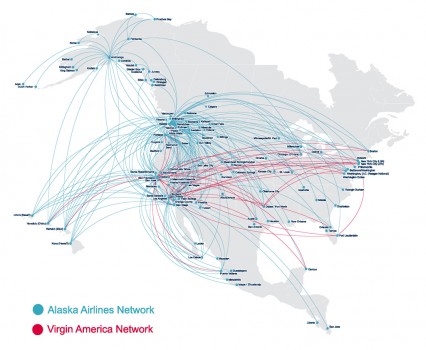 Red de rutas de Alaska Airlines y Virgin America.
