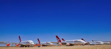 Airbus A380 de Qantas aparcados en Victorville (California)