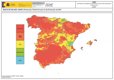 Riesgo de incendios forestales pensinsula iberica 9 de julio 2015
