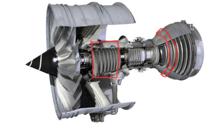 Estructura interna del motor Rolls-Royce Trent 1000, Señalados en rojo el compresor de presión intermedia (delante) y la turbina de presión intermedia (atrás).