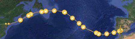Ryta seguida por Piccard con el Solar Impulse 2 sobre el Atlántico. Los puntos señalan los momentos en los que el piloto ha estado presente en las redes sociales durante el vuelo.