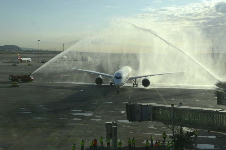 Recibimiento del A350 de Singapore Airlines en Barcelona.