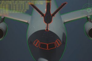 Simulación de cómo se ve el avión receptor desde la estación de control de la pértiga de repostaje.