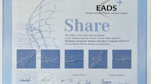 Certificado de acción por valor de 1 euro en la fundacion de EADS.
