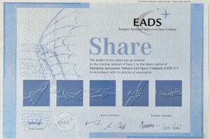 Certificado de acción por valor de 1 euro en la fundacion de EADS.