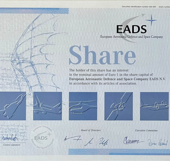 Certificado de acción por valor de 1 euro en la fundacion de EADS.
