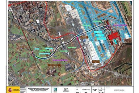 Plano de 2009 del entonces ministerio de Fomento con el trazado de la nueva vía de ferrocarril para acceso al aeropuerto y de la línea 9 de Metro.