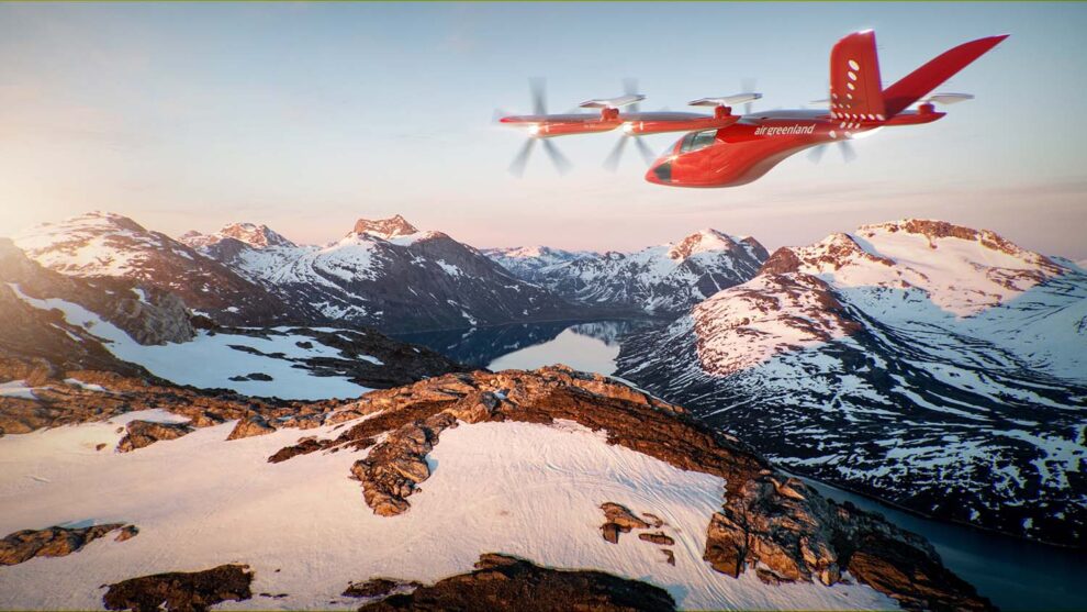 Ilustración de un VX4 con colores de Air Greenland sobre Groenlandia.