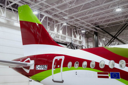 Detalle de la sección de cola del avión con la decoración especial.