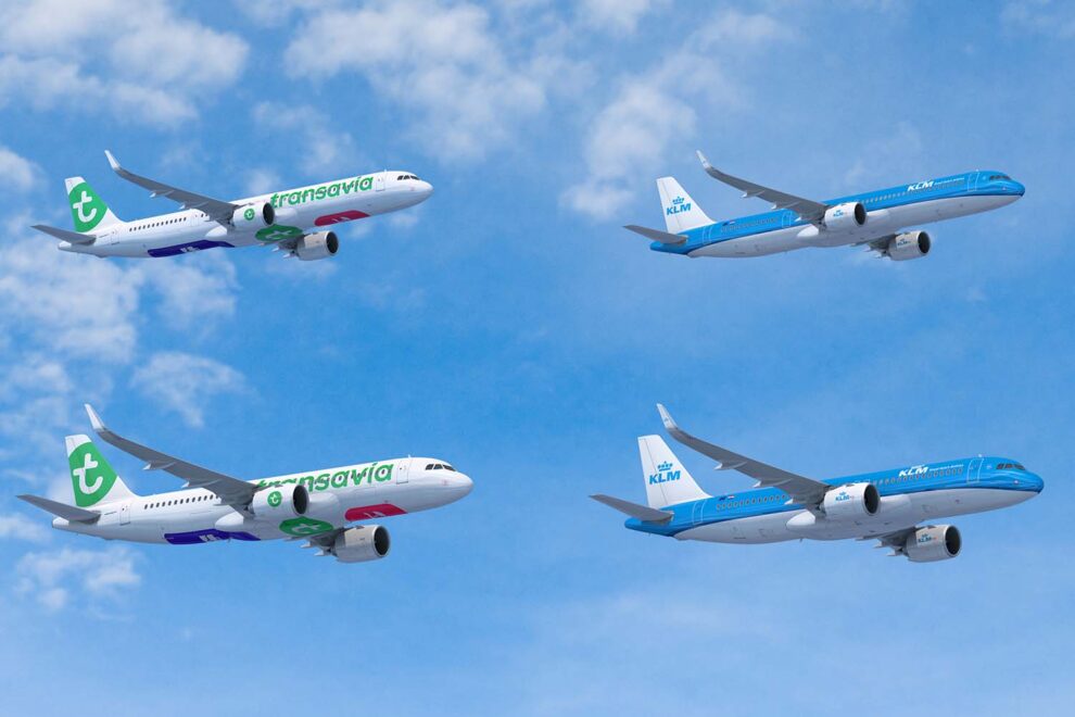 Airbus A320neo y A321XLR con colores de KLM y Transavia.