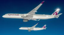 Un A350-1000 y un A350-900 de Qatar Airways durante un vuelo fotográfico y de grabación de video.