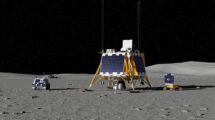 El alunizador Blue Gost sobre la superficie de la Luna con los dos rovers que llevará en 2029.