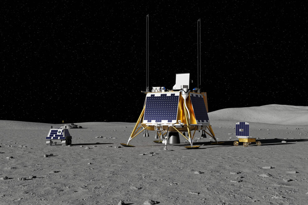 El alunizador Blue Gost sobre la superficie de la Luna con los dos rovers que llevará en 2029.