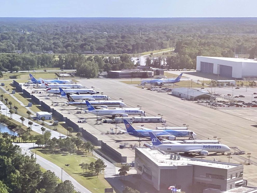 Aviones Boeing 787 aparcados en la factoría de Charleston a la espera de su entrega.