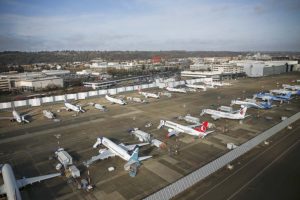 Aviones Boeing 737 MAX almacenados en Boeing Field a la espera de su entrega.