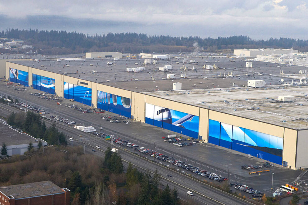 Factoría de Boeing en Everett, de donde en octubre ha salido el primer avión de un solo pasillo allí producido.