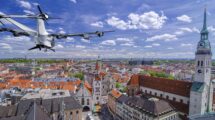 Ilustaración de un CityAirbus sobrevolando la ciudad de Munich.