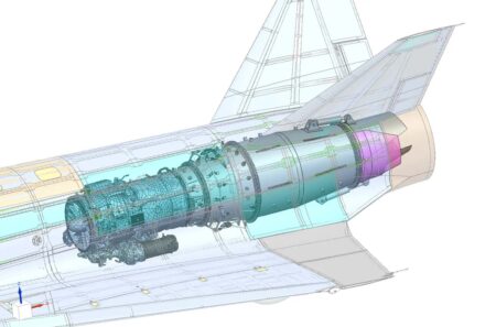 Imágen CAD del motor Destinus T1300 instalado en el proyecto de UAV de combate Destinus E que volará en 2025.