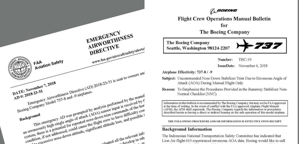 Directivas emitidas por Boeing y la FAA sobre la posible pérdida de control en los Boeing 737 MAX.