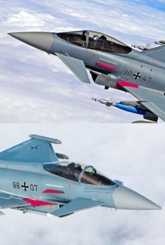 Comparación entre un Eurofighter de serie (arriba) y el IPA 7 con modificaciones del paquete AMK.