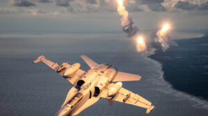 F/A-18 del Ejército del Aire y del Espacio español lanzando bengalas de autoprotección contra misiles de guiado térmico.