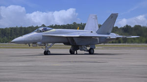 El primer BoeingF/A-18E para los Blue Angels todavía con la pintura estándar de la US Navy.