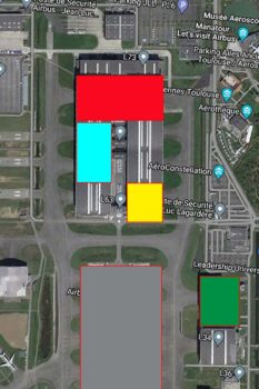 En rojo la zona de las estaciones 43 a 35; en azul la 25; en amarillo la 21; en verde el hangar de pintura; y en gris la zona de las estaciones 15.