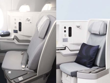 Derecha el nuevo asiento de clase business en el A350 de Finnair y a la izquierda la versión original de la entrega del avión.