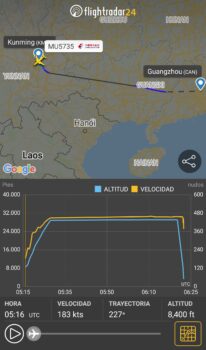 Trayectoria del vuelo MU5735 accidentado según el seguimiento de Flight Radar 24.