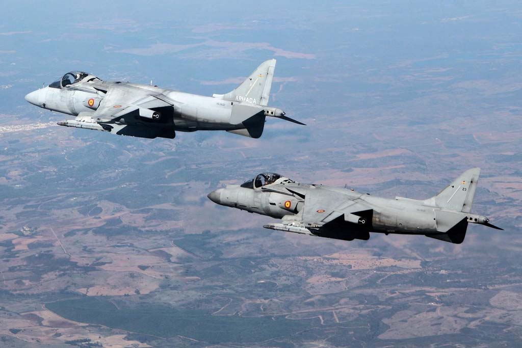 Un AV-8B y un AV-8B Plus volando en formación. Se aprecian claramente las diferencias entre ambos, especialmente la forma del morro que en el caso del Plus alberga un radar.