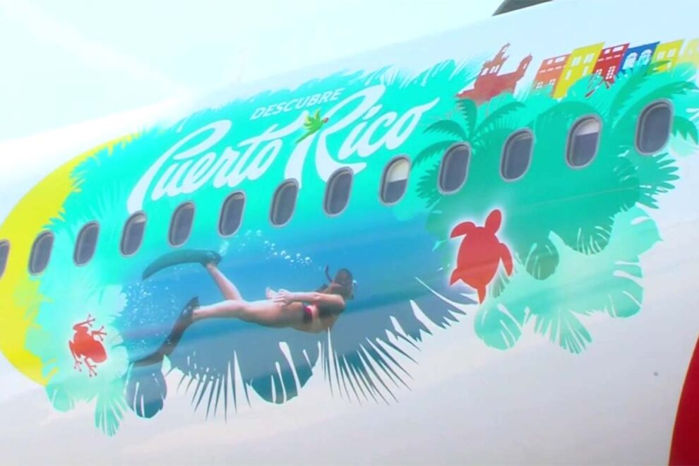 Detalle del vinilo de promoción de Puerto Rico aplicado al Airbus A320 EC-ILS.