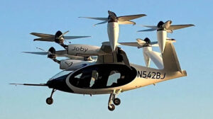 El `prototipo de eVTOL de Joby durante uno de sus vuelos de prueba.