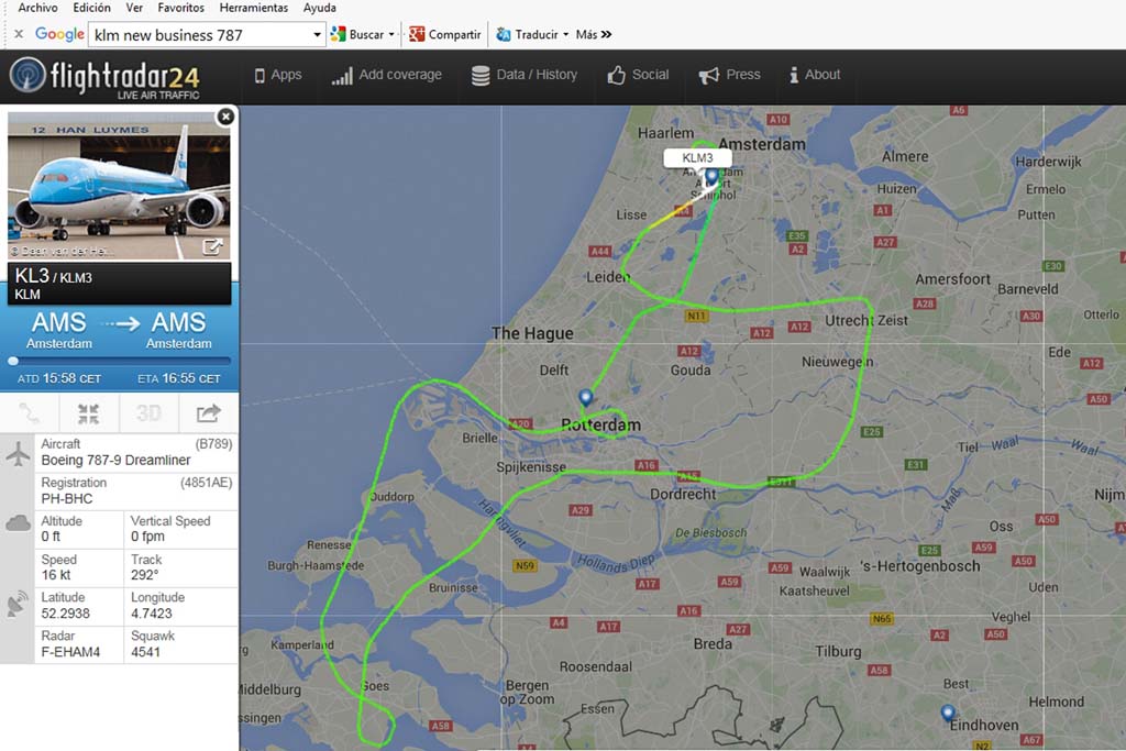 Recorrido sobre Holanda en el que participó Fly News visto en Flightradar 24.