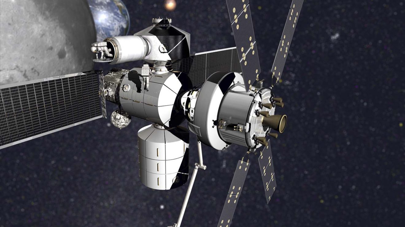 Porpuesta de Lockheed MArtin con dos módulos habitables unidos a una cápsula Orion y un módulo de atraque y esclusas.
