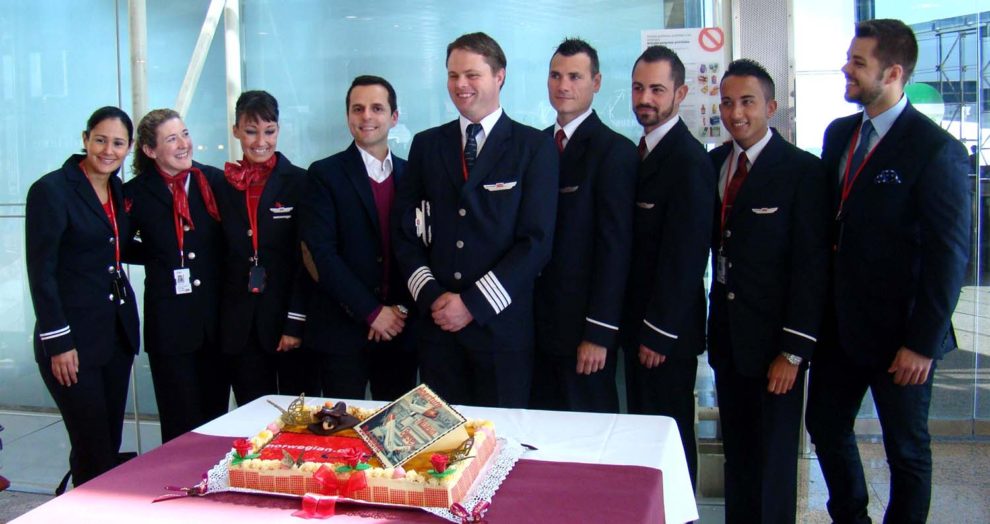 Tripulación de Norwegian en la apertura de la base de la aerolínea en Barcelona en 2014.