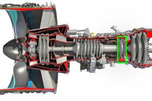 Marcada en verde la zona de la turbina de alta donde va ubicada la pieza responsabilidad de ITP Aero.
