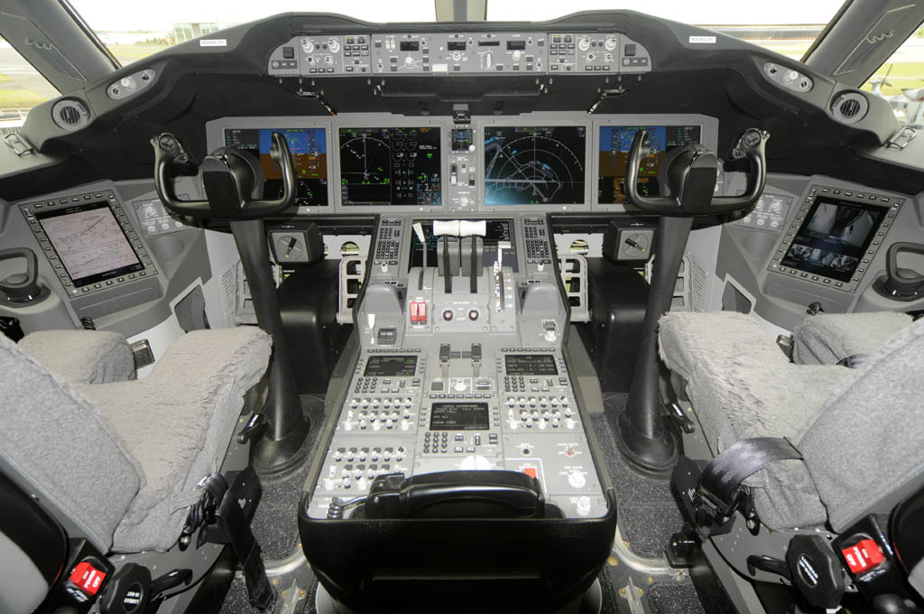El cockpit del Boeing 787 está dominado por las cuatro pantallas de presentación, más una quinta en el pedestal central, y dos auxiliares en los laterales.