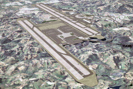 Al centro de la imagen la nueva terminal prevista para el aeropuerto de Rionegro, junto a la nueva pista en la zona izquierda.