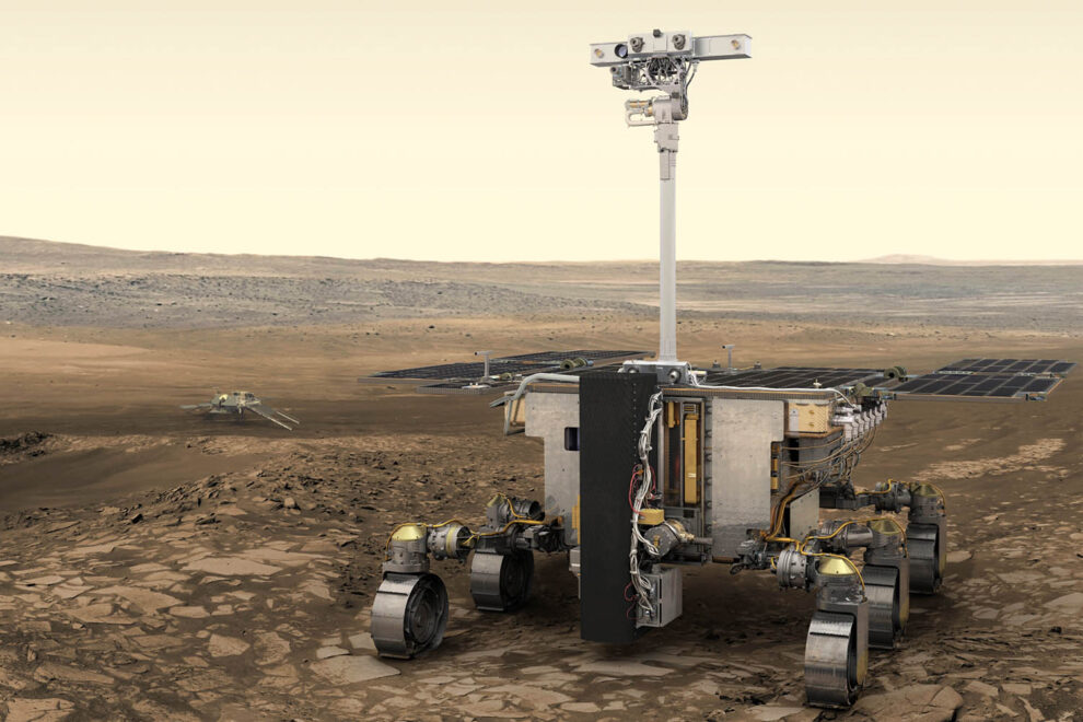 Así será el rover Rosalind Franklin, la estructura vertical en su frontal alberga el taladro para buscar vida en Marte.