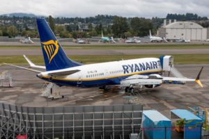 Boeing 737 MAX dee Ryanair en las instalaciones de Boeing en Boeing Field.