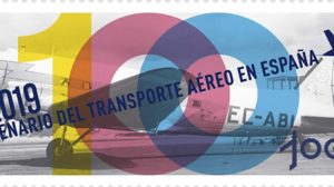 Sello de dedicado por Correos de España al centanario de la aviación comercial en Españ.